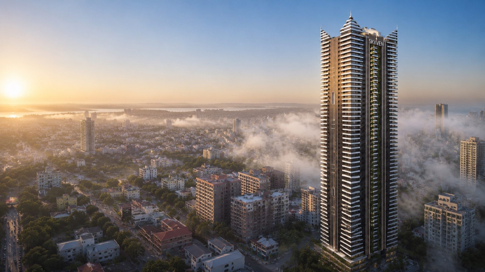 A supertall luxury residential tower rising above the clouds at sunrise over Hyderabad